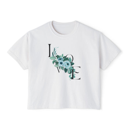 LOVE Floral Boxy Tee — Women's Casual Cropped T‑Shirt with Blue Bouquet