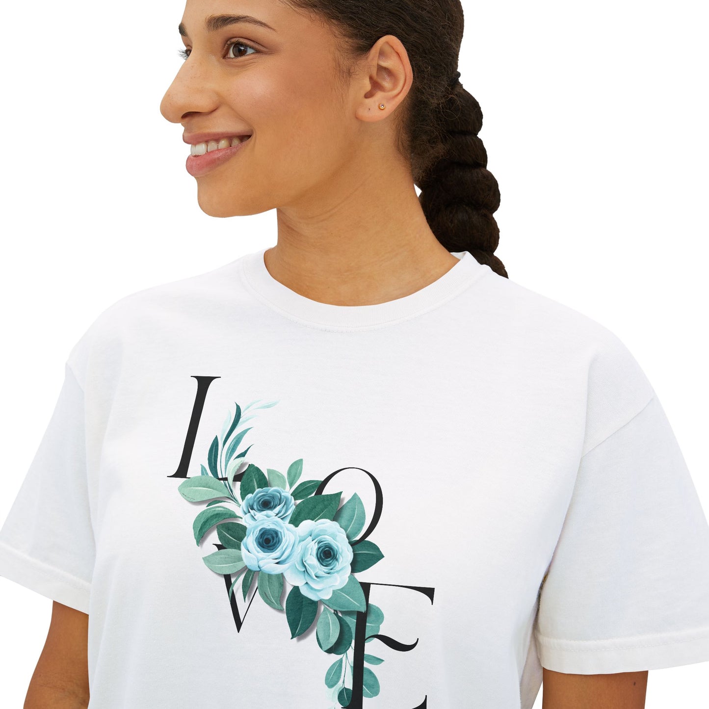 LOVE Floral Boxy Tee — Women's Casual Cropped T‑Shirt with Blue Bouquet