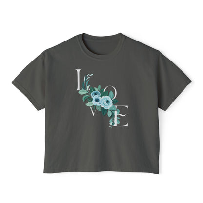 LOVE Floral Boxy Tee — Women's Casual Cropped T‑Shirt with Blue Bouquet