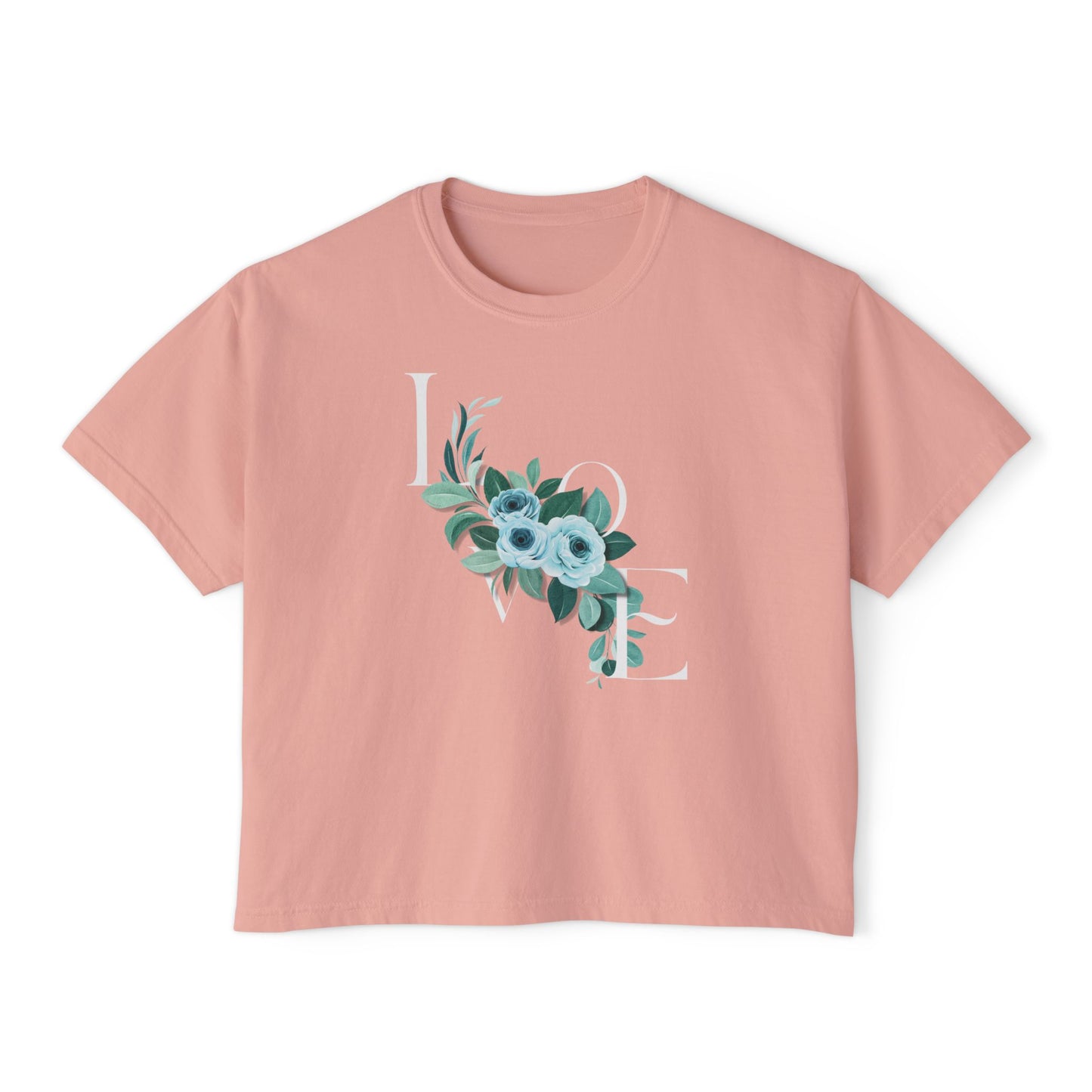 LOVE Floral Boxy Tee — Women's Casual Cropped T‑Shirt with Blue Bouquet