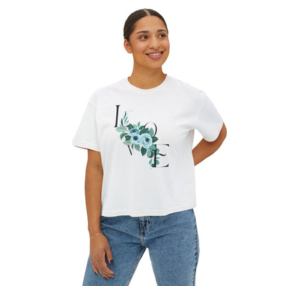 LOVE Floral Boxy Tee — Women's Casual Cropped T‑Shirt with Blue Bouquet