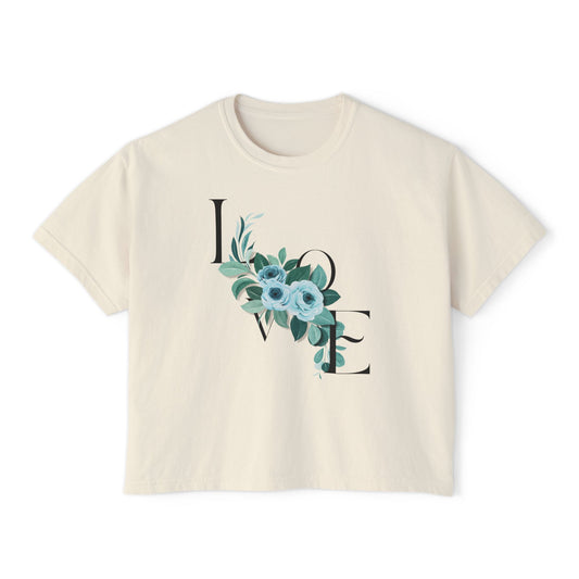 LOVE Floral Boxy Tee — Women's Casual Cropped T‑Shirt with Blue Bouquet