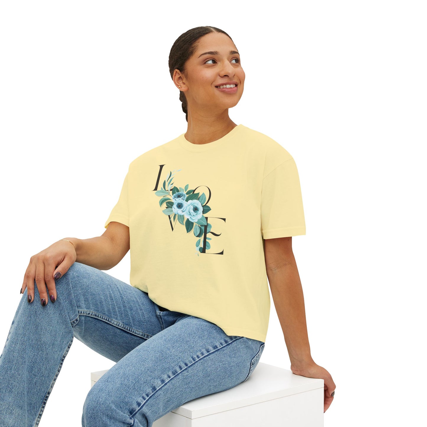 LOVE Floral Boxy Tee — Women's Casual Cropped T‑Shirt with Blue Bouquet