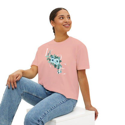 LOVE Floral Boxy Tee — Women's Casual Cropped T‑Shirt with Blue Bouquet