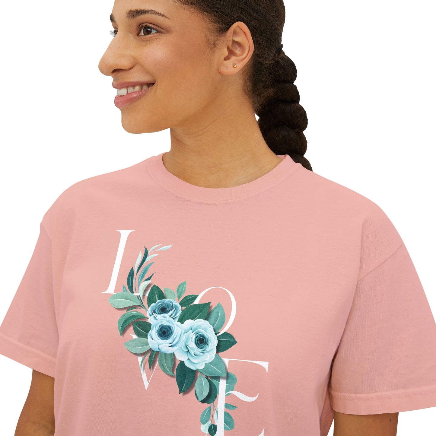 LOVE Floral Boxy Tee — Women's Casual Cropped T‑Shirt with Blue Bouquet