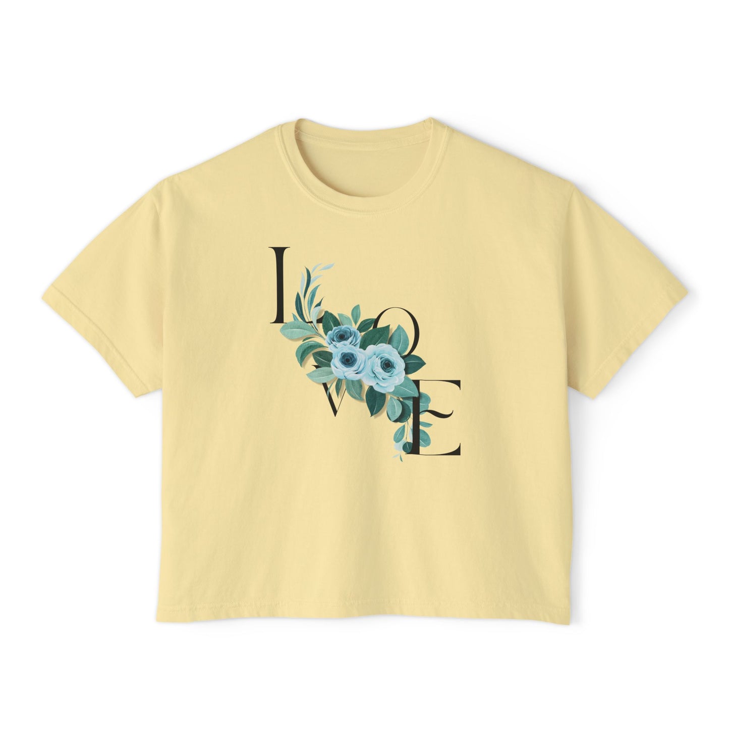 LOVE Floral Boxy Tee — Women's Casual Cropped T‑Shirt with Blue Bouquet