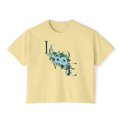 LOVE Floral Boxy Tee — Women's Casual Cropped T‑Shirt with Blue Bouquet