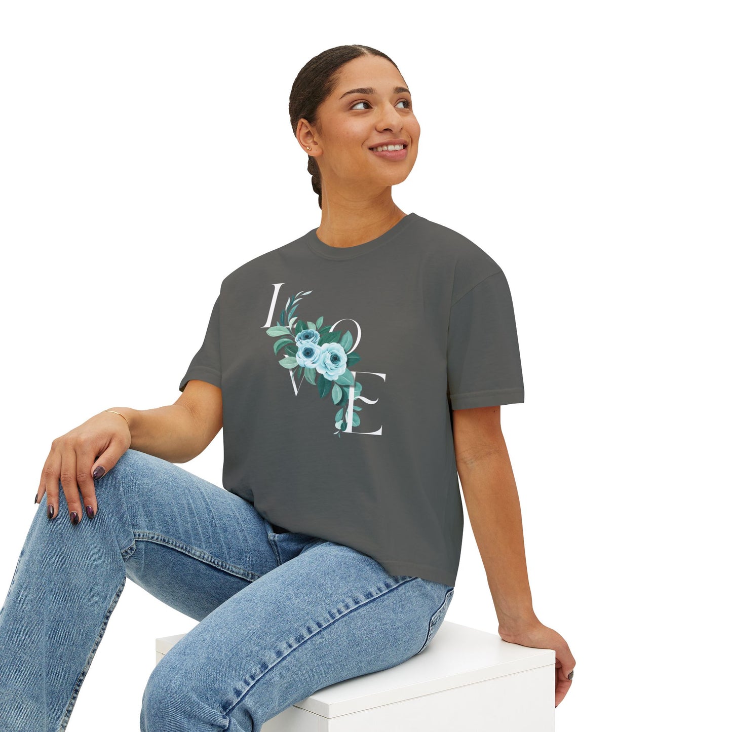 LOVE Floral Boxy Tee — Women's Casual Cropped T‑Shirt with Blue Bouquet