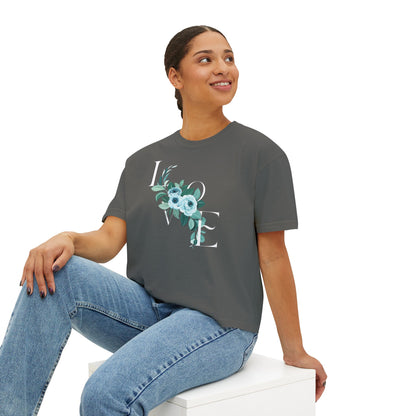 LOVE Floral Boxy Tee — Women's Casual Cropped T‑Shirt with Blue Bouquet