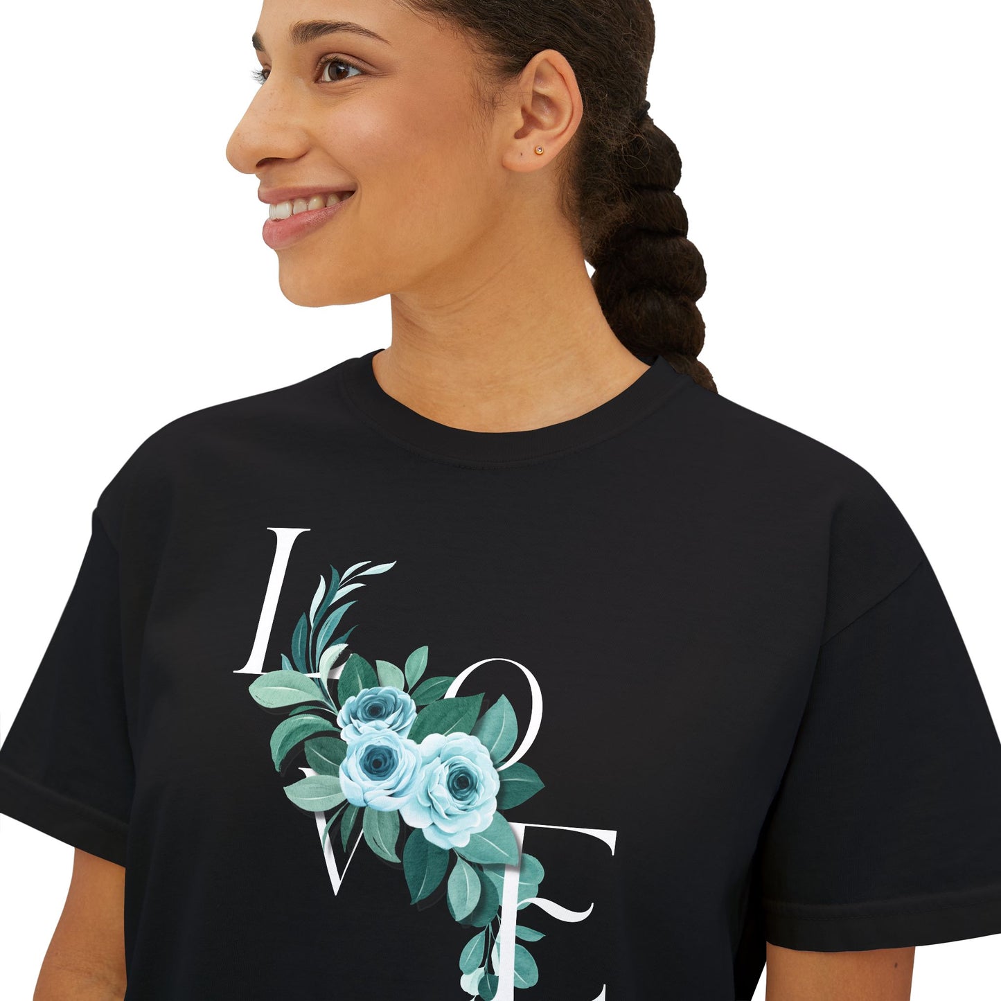 LOVE Floral Boxy Tee — Women's Casual Cropped T‑Shirt with Blue Bouquet