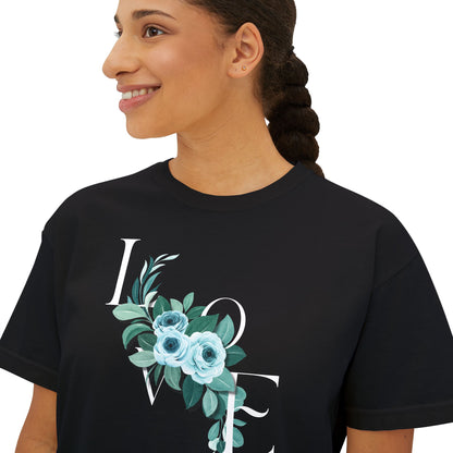 LOVE Floral Boxy Tee — Women's Casual Cropped T‑Shirt with Blue Bouquet