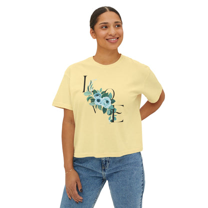 LOVE Floral Boxy Tee — Women's Casual Cropped T‑Shirt with Blue Bouquet
