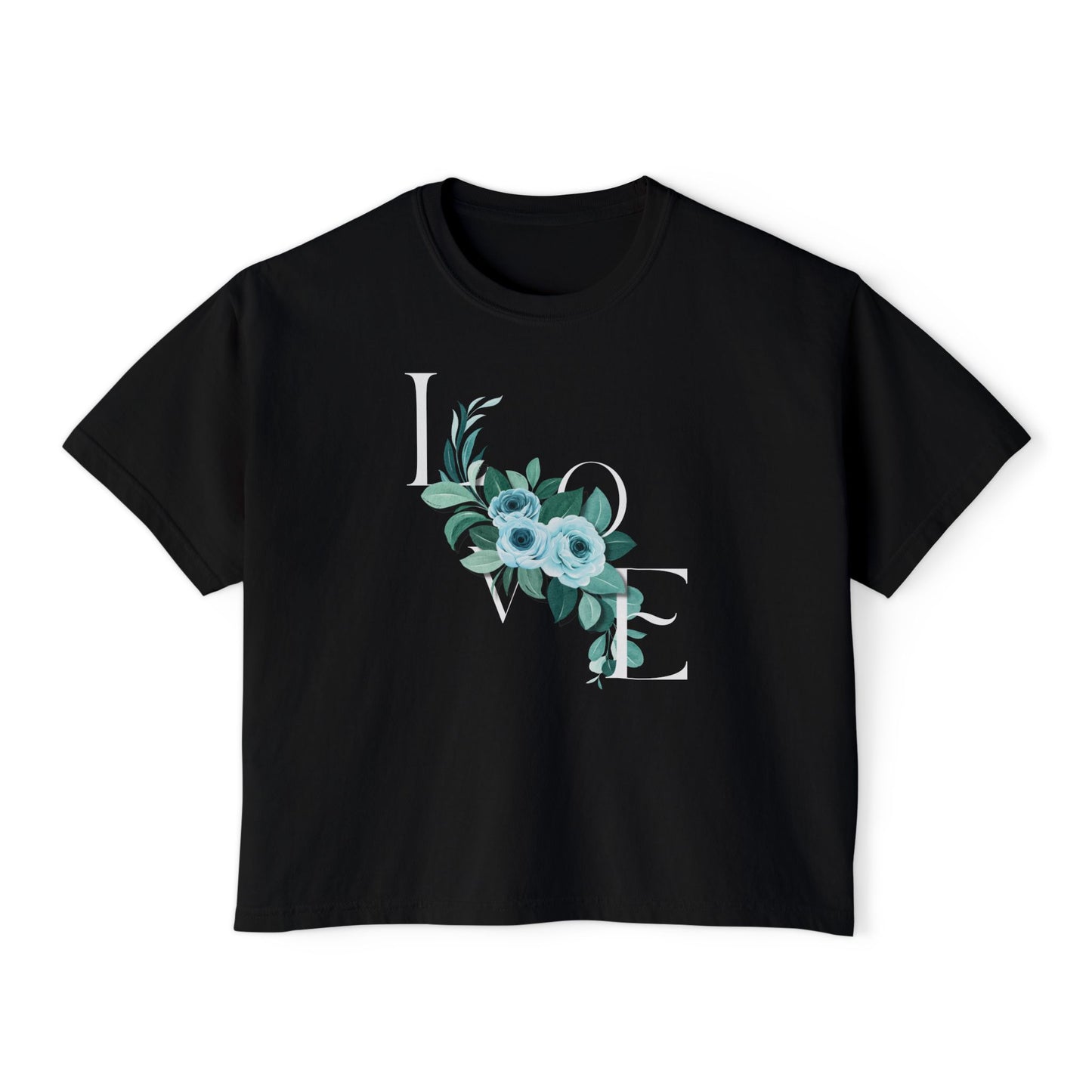 LOVE Floral Boxy Tee — Women's Casual Cropped T‑Shirt with Blue Bouquet