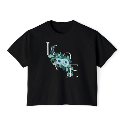 LOVE Floral Boxy Tee — Women's Casual Cropped T‑Shirt with Blue Bouquet
