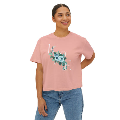 LOVE Floral Boxy Tee — Women's Casual Cropped T‑Shirt with Blue Bouquet