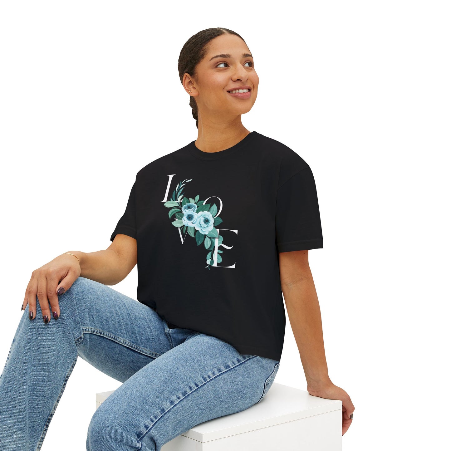 LOVE Floral Boxy Tee — Women's Casual Cropped T‑Shirt with Blue Bouquet