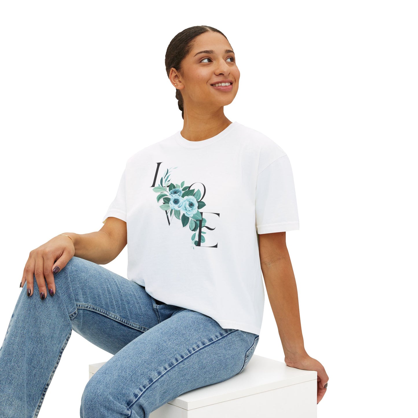 LOVE Floral Boxy Tee — Women's Casual Cropped T‑Shirt with Blue Bouquet