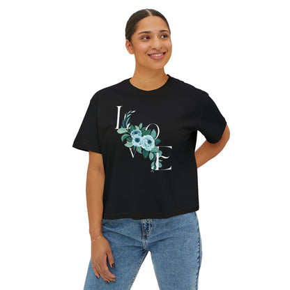 LOVE Floral Boxy Tee — Women's Casual Cropped T‑Shirt with Blue Bouquet