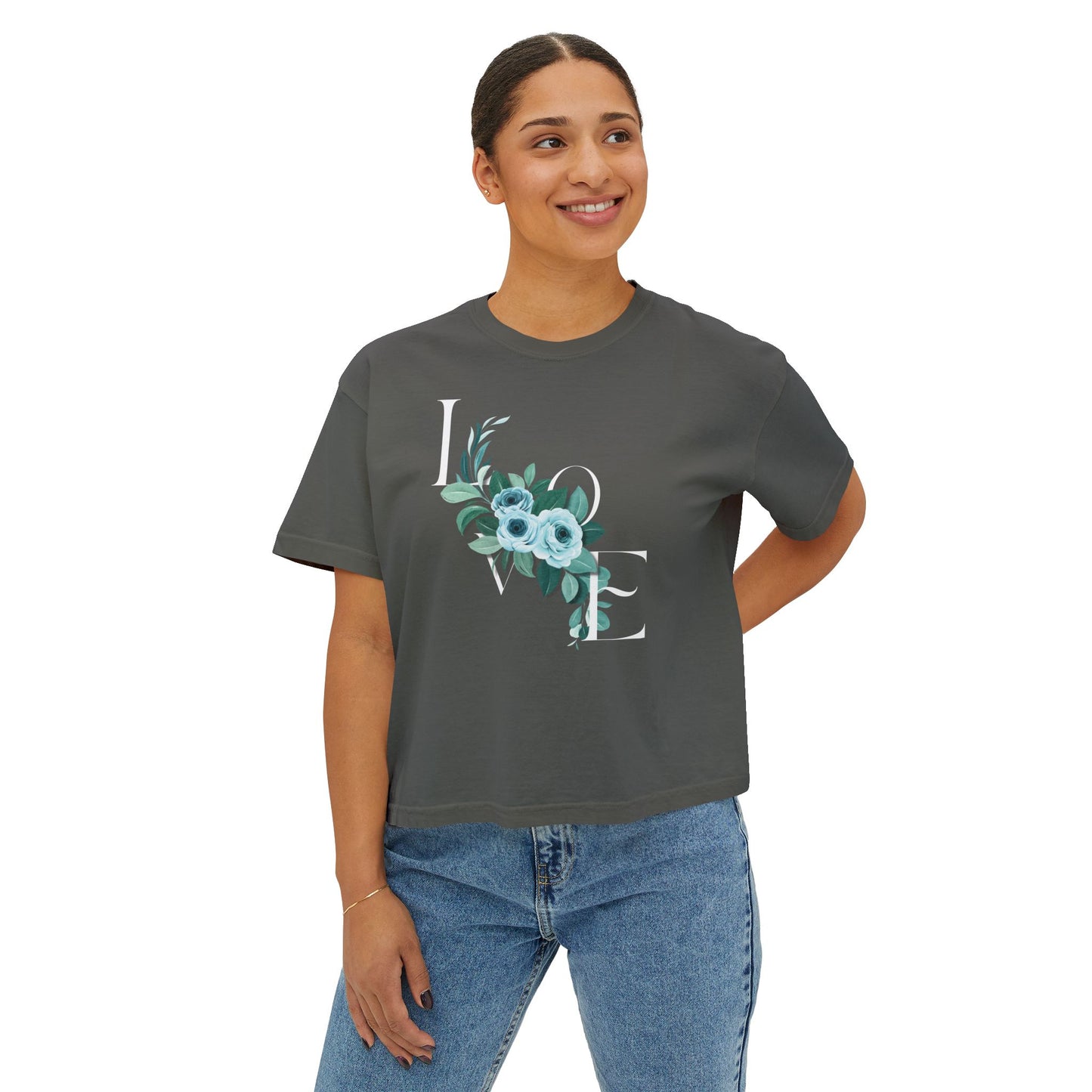 LOVE Floral Boxy Tee — Women's Casual Cropped T‑Shirt with Blue Bouquet