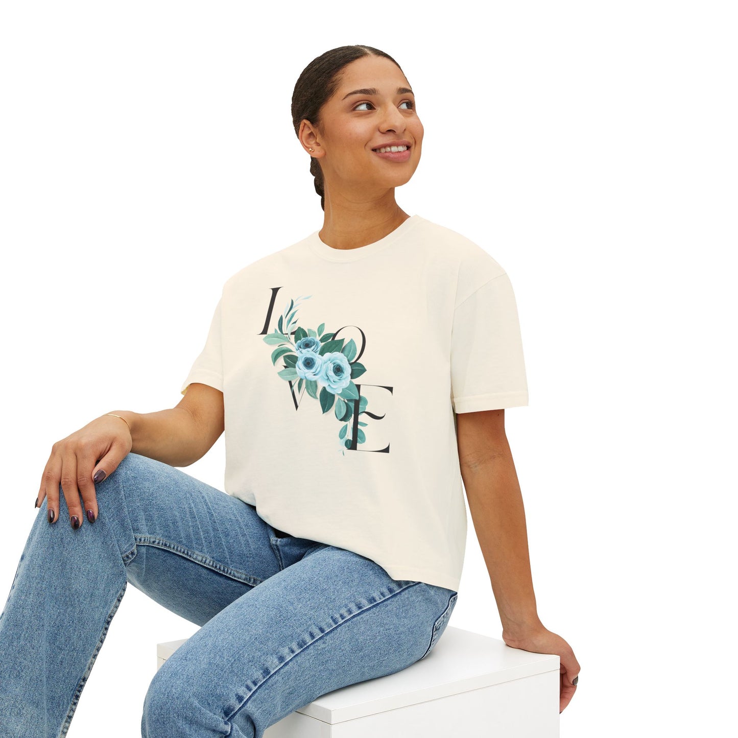 LOVE Floral Boxy Tee — Women's Casual Cropped T‑Shirt with Blue Bouquet
